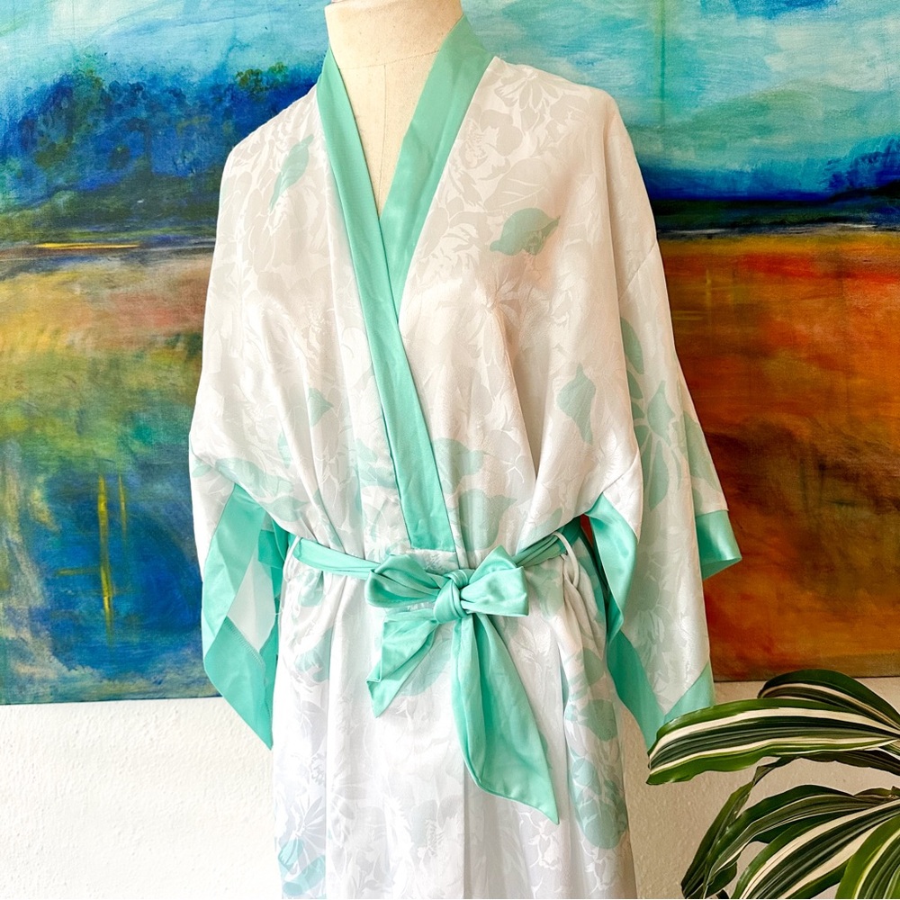 Miss Dior Vintage Womens Silky White & Mint Kimono Long Robe